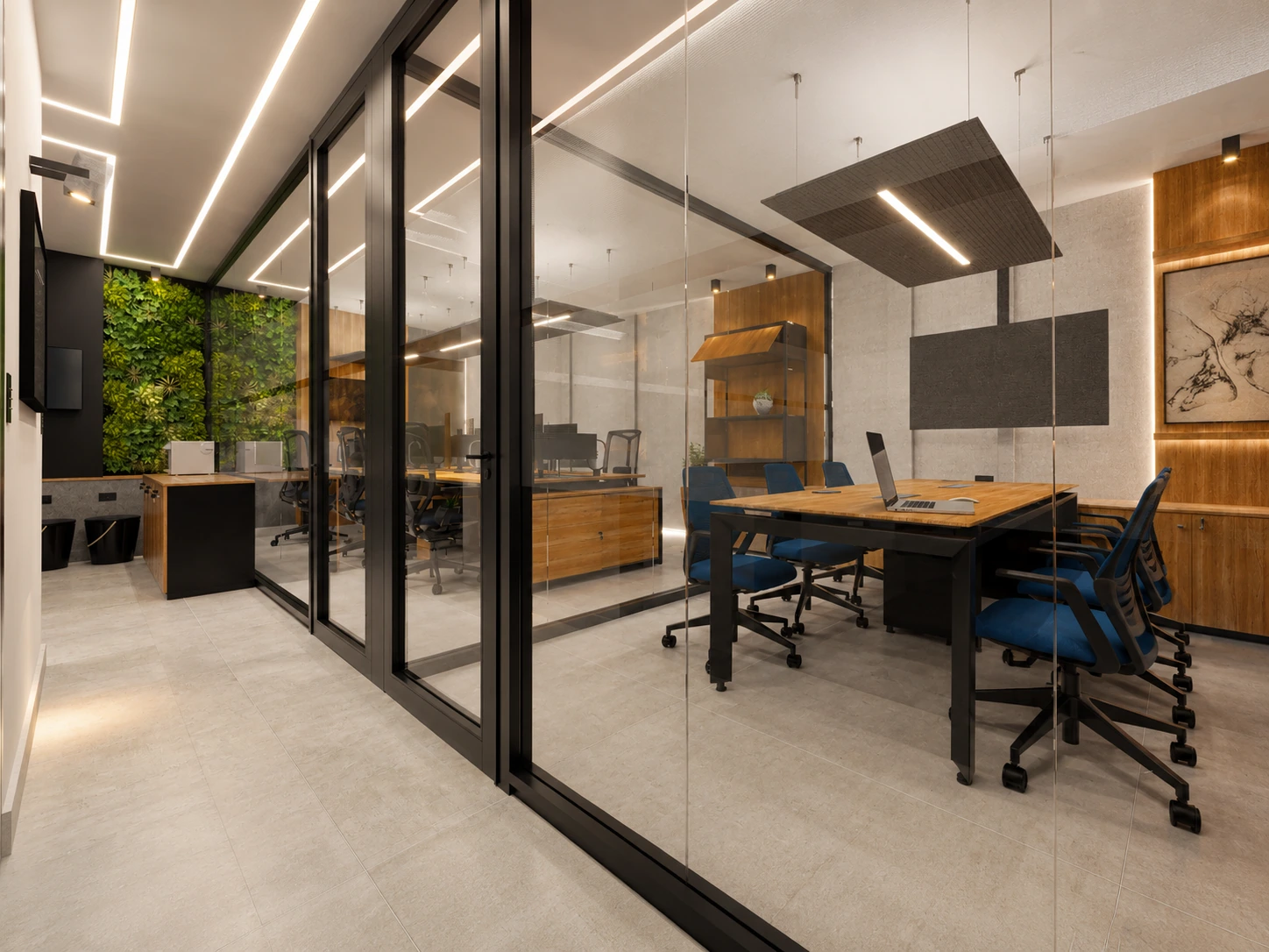 Ambiente corporativo Secret Data com estações de trabalho, mobiliário e divisórias em vidro